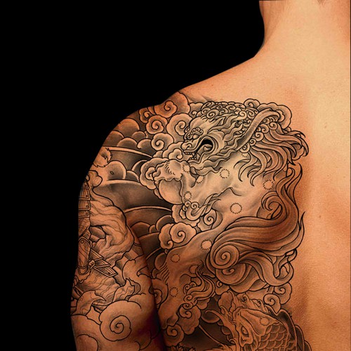 asiatisches S/W-Tattoo /  black&white tattoo asian style Design by INKSPITJUNKIE