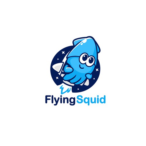 Logo of a squid wearing a jetpack for product named FlyingSquid Design by jasterxinan