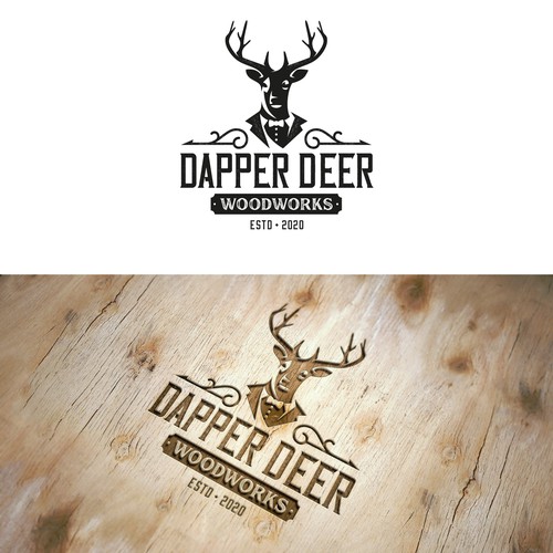Vintage Dapper Deer logo for high-end woodworking. Design by creta