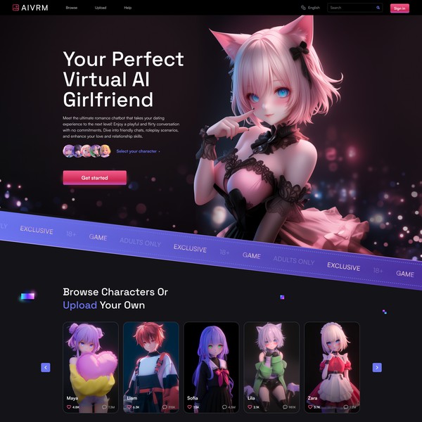 Website design for datign with AI characters