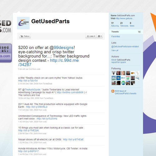 eye-catching and crisp twitter background for getusedparts.com Design by Koben