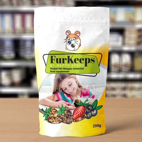 Create a fun Pocket Pet supplement label evoking a desire to maximize their lifespan. Design by Kasia Zwiech