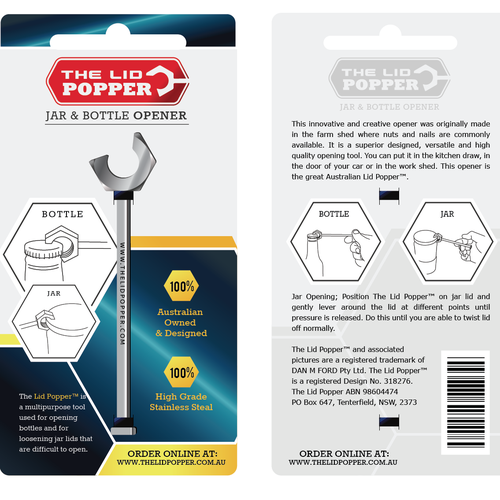 The Lid Popper  (jar and bottle opener) needs packaging Design by goatdesign88