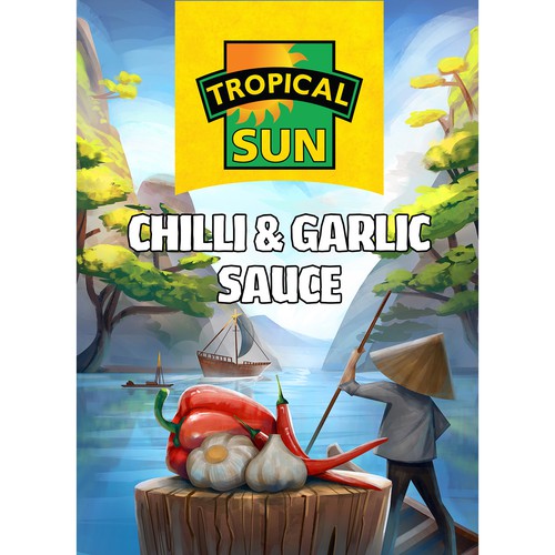 Tropical Sun Chilli & Garlic Sauce Label Digital Painting Design by Gabriel™