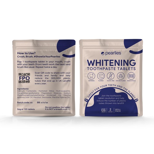 Design an attractive refill pack for a trendy new toothpaste tablet brand Design by RK Studio Design