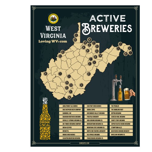 Localized Scratch Map Poster Featuring Breweries from West Virginia, USA Design by Windmill Designer™