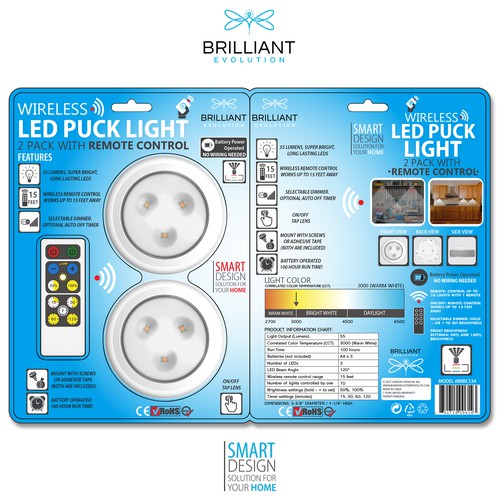 Brilliant Evolution BRRC134 Wireless LED Puck Light 2 Pack with Remote Control 