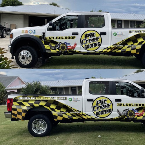 Vehicle Wrap Modification for a race car themed roofing company Design by theANUNGs