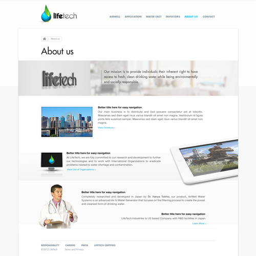 New website design for LifeTech: We turn air into drinking water. Diseño de Creative Zeune