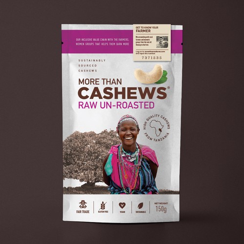 Create a beautiful stand up pouch for Sustainable, Single Origin Cashew Nuts Design by Pepper Pack Design