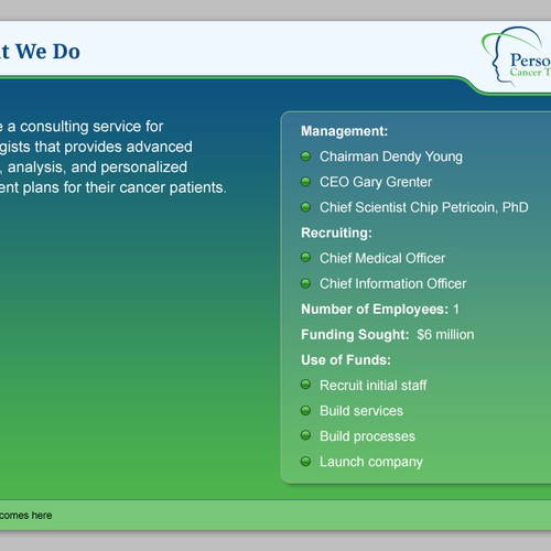 PowerPoint Presentation Design for Personalized Cancer Therapy, Inc. Design by Pratham.dezine