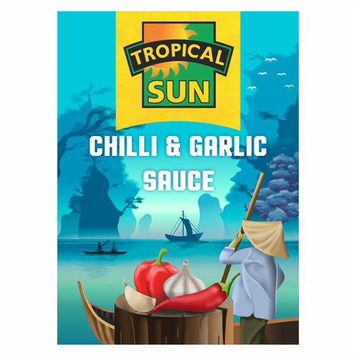 Tropical Sun Chilli & Garlic Sauce Label Digital Painting Design by azabumlirhaz