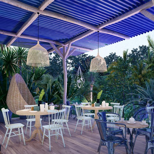 Tropical coffee shop with tin roof Design by Muzaena