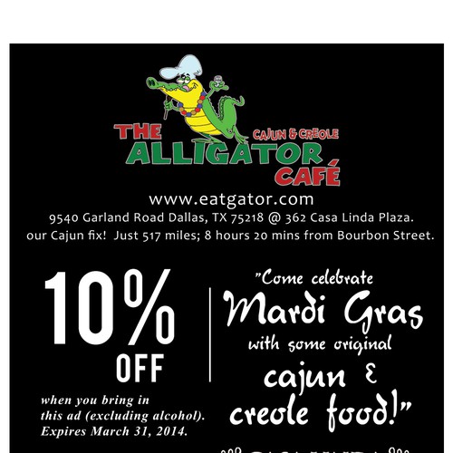 Create a Mardi Gras ad for The Alligator Cafe Ontwerp door Brushwork D' Studio
