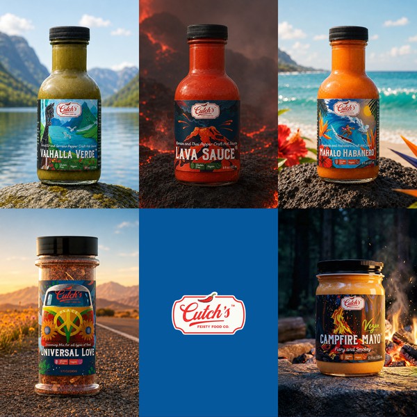 Cutch’s Feisty Food Co. — Illustrated Hot Sauce & Condiment Packaging