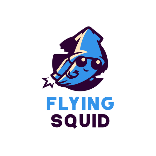 Logo of a squid wearing a jetpack for product named FlyingSquid Design by Rock N Draw