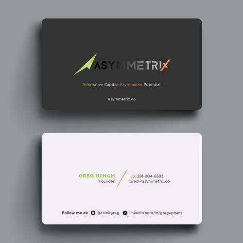 Design a cool, edgey but sophisticated business card for an alternative investment firm. Design von Hasanssin