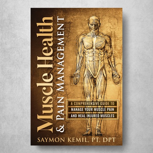 Book cover with a drawing images of the human anatomy combining muscles and bone structure. Design by Klassic Designs