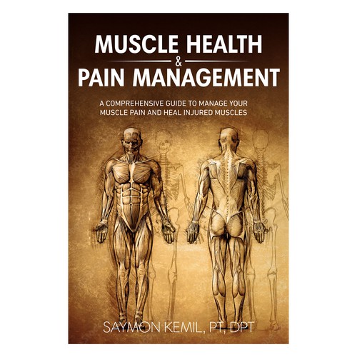 Book cover with a drawing images of the human anatomy combining muscles and bone structure. Design by Inspiremind