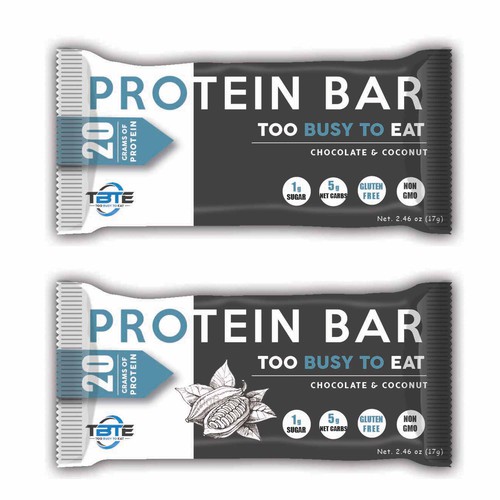 Design a unique protein bar wrapper for Too Busy To Eat Design by bow wow wow