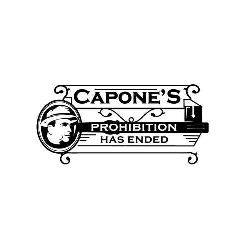 Design a prohibition style logo with a old key and al Capone face ( side view ) black and white Design by Ida11