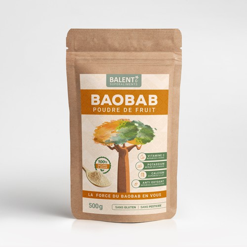 Looking for a calm and powerful packaging for our baobab powder. Design by GIV Designs ★❤◆