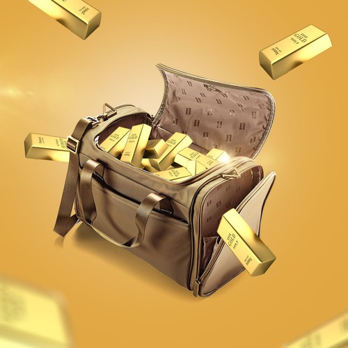 Poster design - duffle bag full of money, gold bars & bitcoin