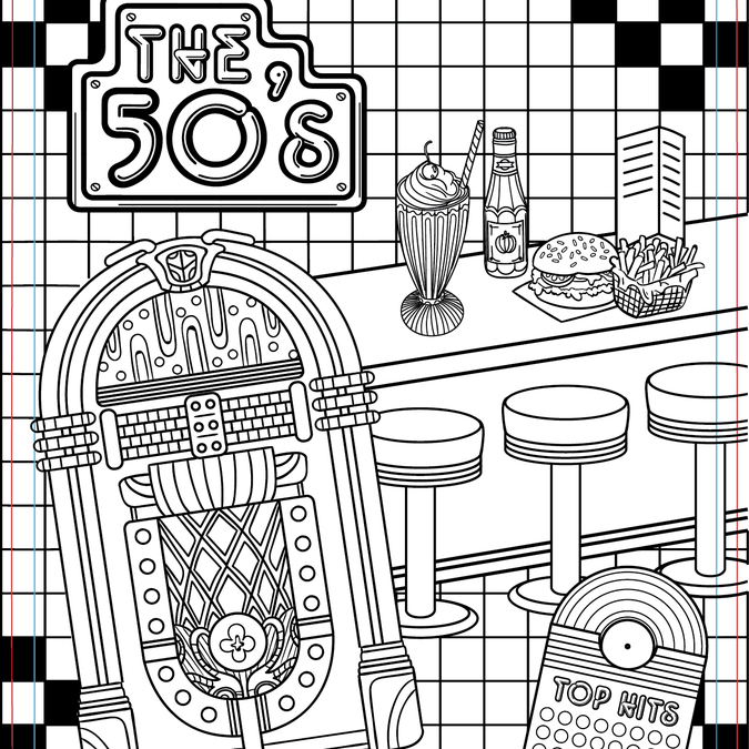 Coloring book for adults Color the decades 50's2000 Illustration or