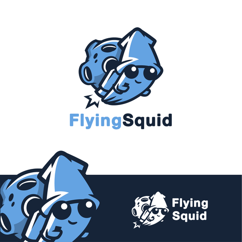 Logo of a squid wearing a jetpack for product named FlyingSquid Design by Rock N Draw