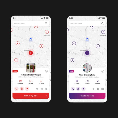 Tesla App to localise charging point on a map Design by Uzeir Mansuri