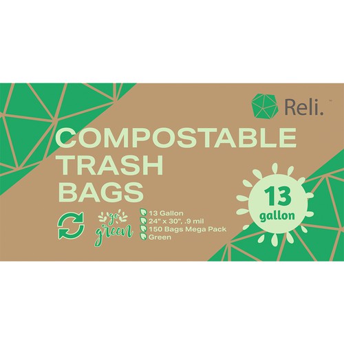 Reli. Eco-Friendly Compostable 13 Gallon Biodegradable Trash Bags (150 Bags)  13 Gallon Compostable Trash Bags (Green) 