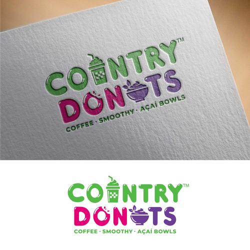 Diseño de We need a modern exciting logo to encompasses our Name Country Donuts Coffee smoothy bowls de crapit