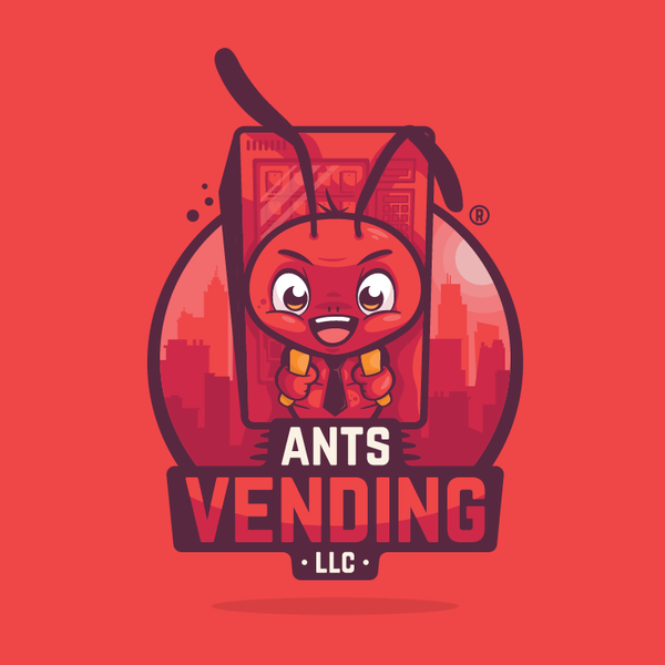 Ant mascot carrying a vending machine