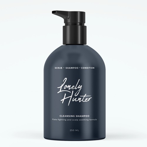 Minimalist shampoo bottle design for approachable male hair brand Design by Katyaa