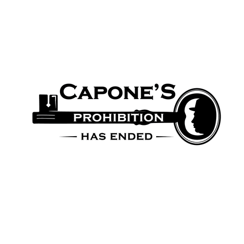 Design a prohibition style logo with a old key and al Capone face ( side view ) black and white Design by Ida11