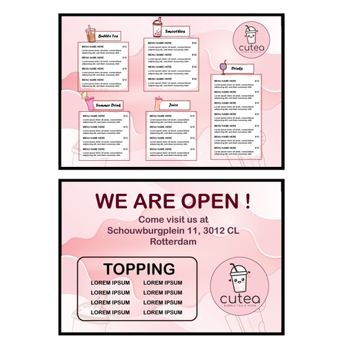 Cutea, bubbletea menu Design by Resurrection Design Studio