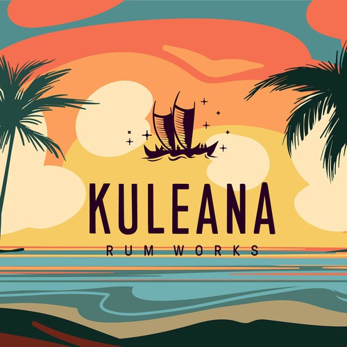 Vector illustration of Hawaiian sunset with clouds in retro style incorporating logo Design by Anastasia1995