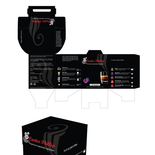 Design an espresso coffee box package. Modern, international, exclusive. Design by dankataa