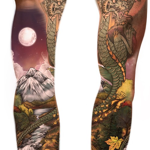 Forearm Tattoo (complete sleeve). Nature Scene. Design by Diana Silence