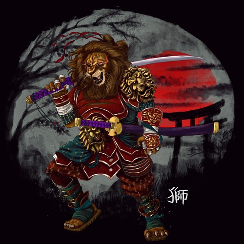 Manga style samurai lion illustration Design by Kumail Shareef