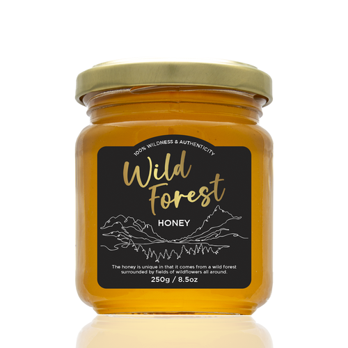 The Bees Need You! Wild Forest Honey Label Design. Design by Leila Amorim