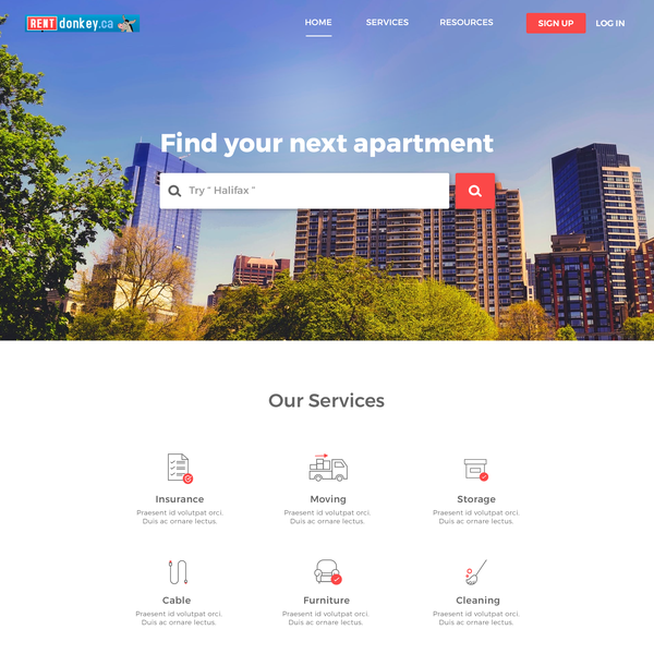 Landing page for Canada based company that helps in finding apartment for rent