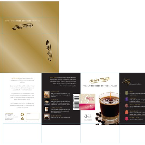Design an espresso coffee box package. Modern, international, exclusive. Design by Sonia Maggi
