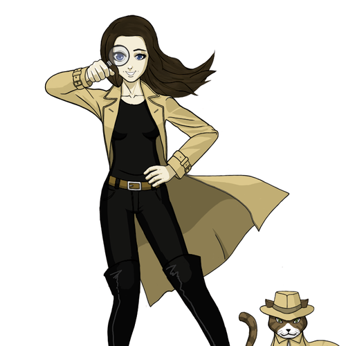 A detective girl cartoon with cat sidekick for Book cover | Logo design