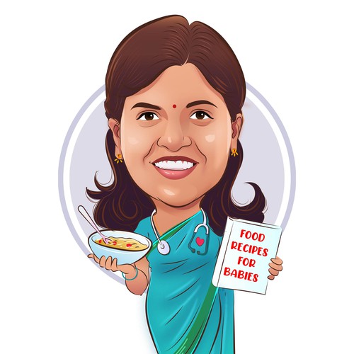 Design an attractive caricature of  "doctor mom, Dr Hema " for a healthy organic indian baby food br Design by Abhijith Sketches