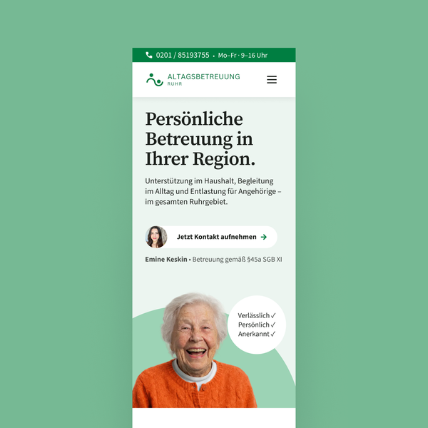 Design by Tim㋡ titled "Webdesign for Alltagsbereuung Ruhr - Mobile Version"