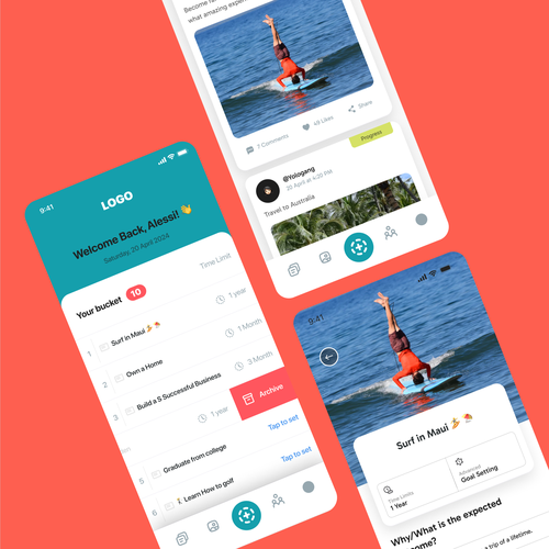 "Modern and appealing bucket list app design" Design by P E R I