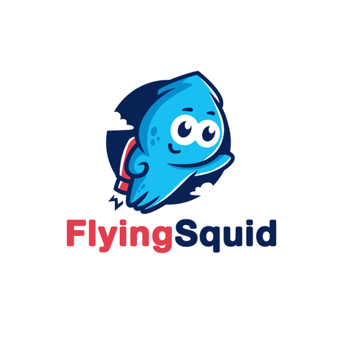 Logo of a squid wearing a jetpack for product named FlyingSquid Design by Rock N Draw
