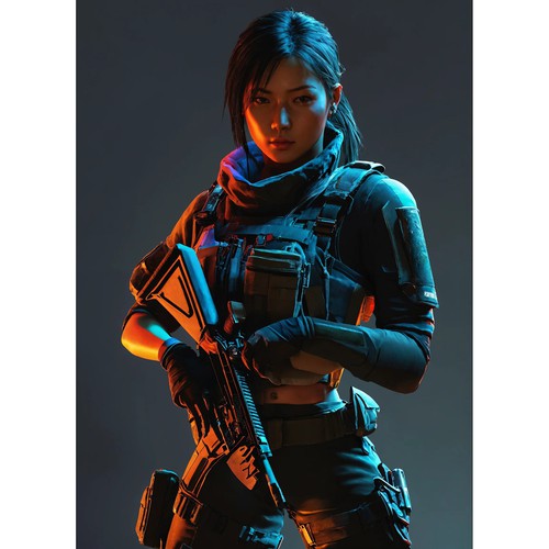 Illustration of a mysterious fearless powerful female video game character Design by Aleaca