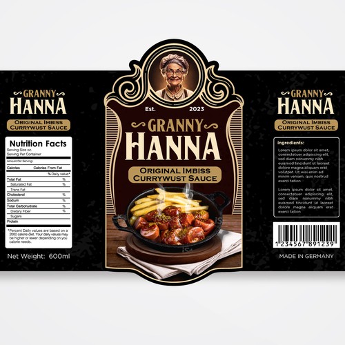 Finest hot curry sauce for german / berlin currywurst: Granny Hanna brings Yummi! Design réalisé par M.Siddique